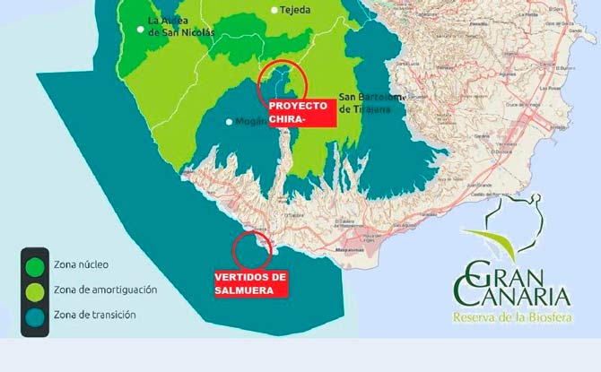Mapa realizado por la plataforma 'Salvar Chira-Soria, barranco de Arguinguín' que recoge los espacios naturales protegidos de la Red Natura 2.000 donde irá ubicado el proyecto Chira-Soria