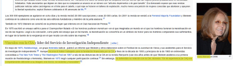 La entrada en Wikipedia de Gloria Steiner, en la que se recoge su propio reconocimiento de sus vínculos con la CIA