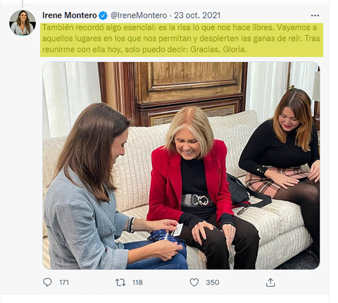 Irene Montero, con la feminista liberal, afín al Partido Demócrata, Gloria Steinem, considerada por la ministra como "un referente del feminismo revolucionario"